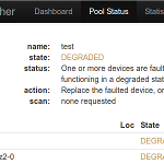zfswatcher screenshot: pool status with failed disk